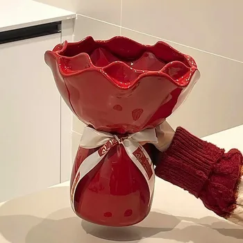 Vaso in ceramica Vaso a forma di fiore di rosa Decorazione da scrivania Bouquet di fiori per la casa Vasi floreali decorativi Decorazione estetica della stanza 1