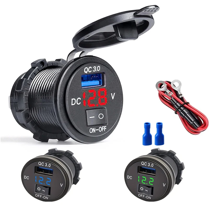 Quick Charging QC 3.0 USB Car Charger Socket with Voltmeter USB Charger Socket with Switch for Cars Motorcycles ATVs Boats
