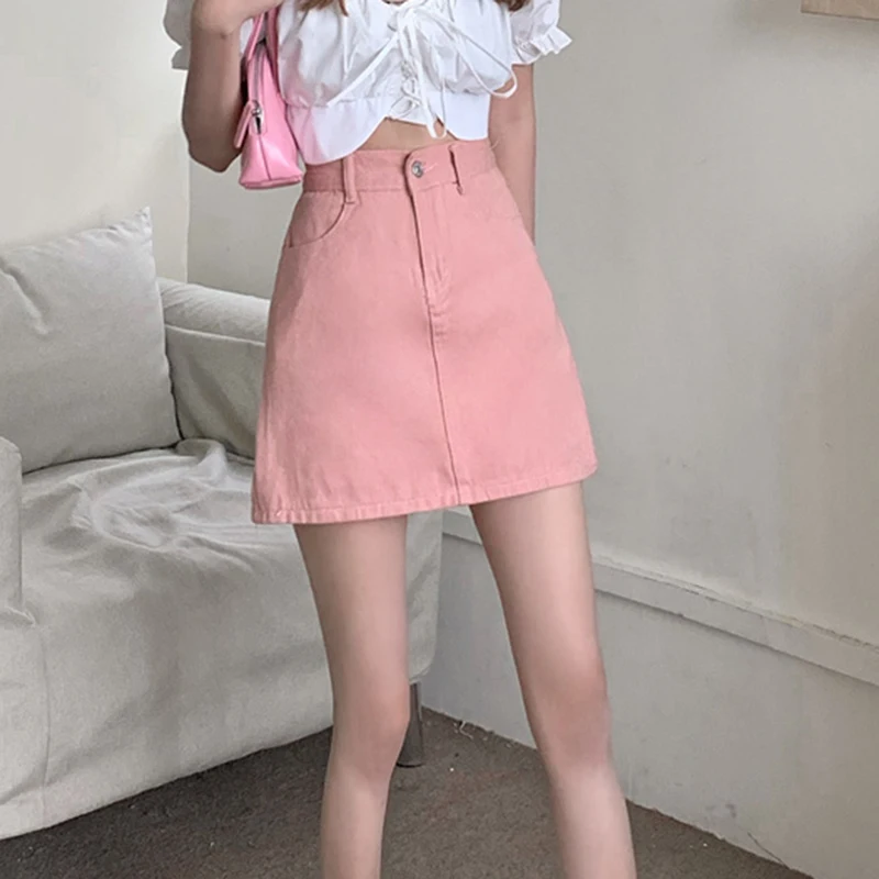 JMPRS Cute Pink Women Denim Skirt Korean High Waist A Line Fashion Designed Summer Jeans Mini Skirts Casual Slim Ladies Skirt white pleated skirt