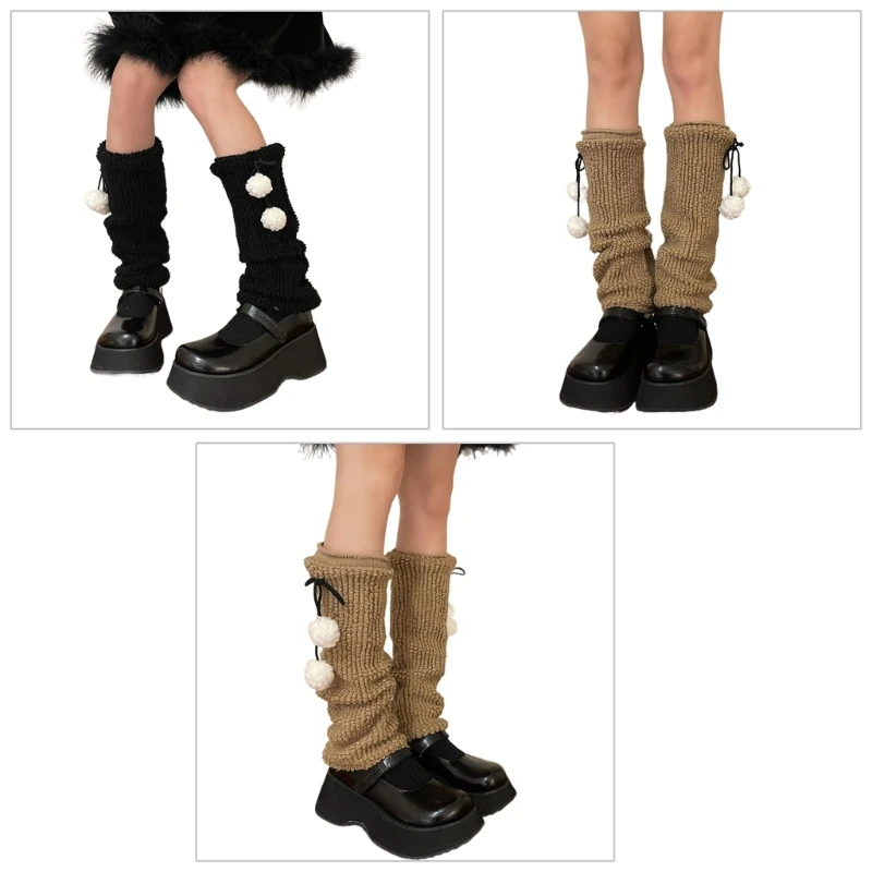 

Womens Lolitas Knit Long Socks Bows Lace Up Leg Warmers Harajuku Plush Balls Booties Socks Winter Warm Ankle Heap Socks