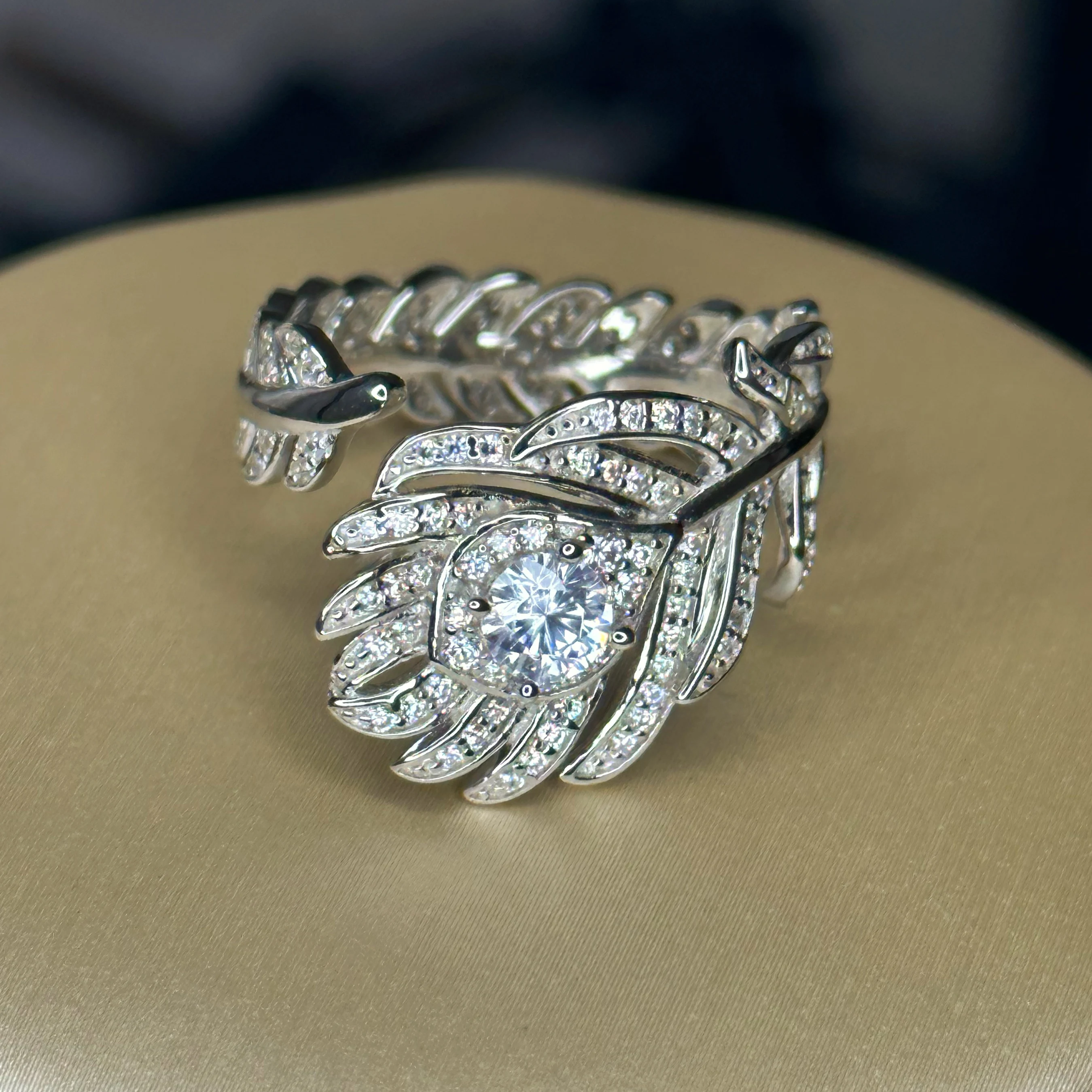 

Luxury Brand Inspired Feather Shape 925 Sterling Silver 5A CZ Simulated Diamonds Full Setting Cocktail Open Rings for Women Gift