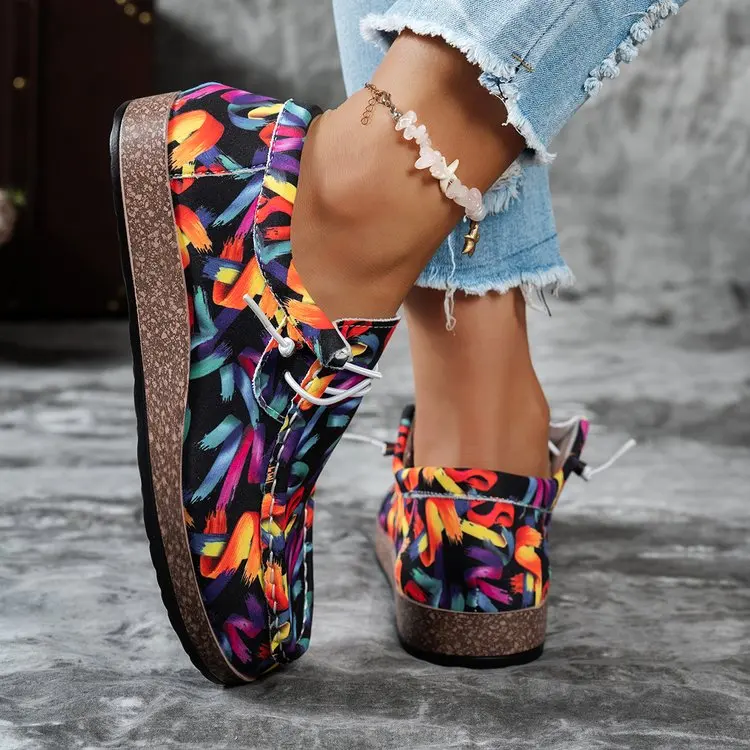 أحذية نسائية كاجوال من القماش للربيع، مطبوعة بنقوش زهور، نعل سميك مريح، أحذية خفيفة الوزن سهلة الارتداء للسيدات للاستخدام اليومي