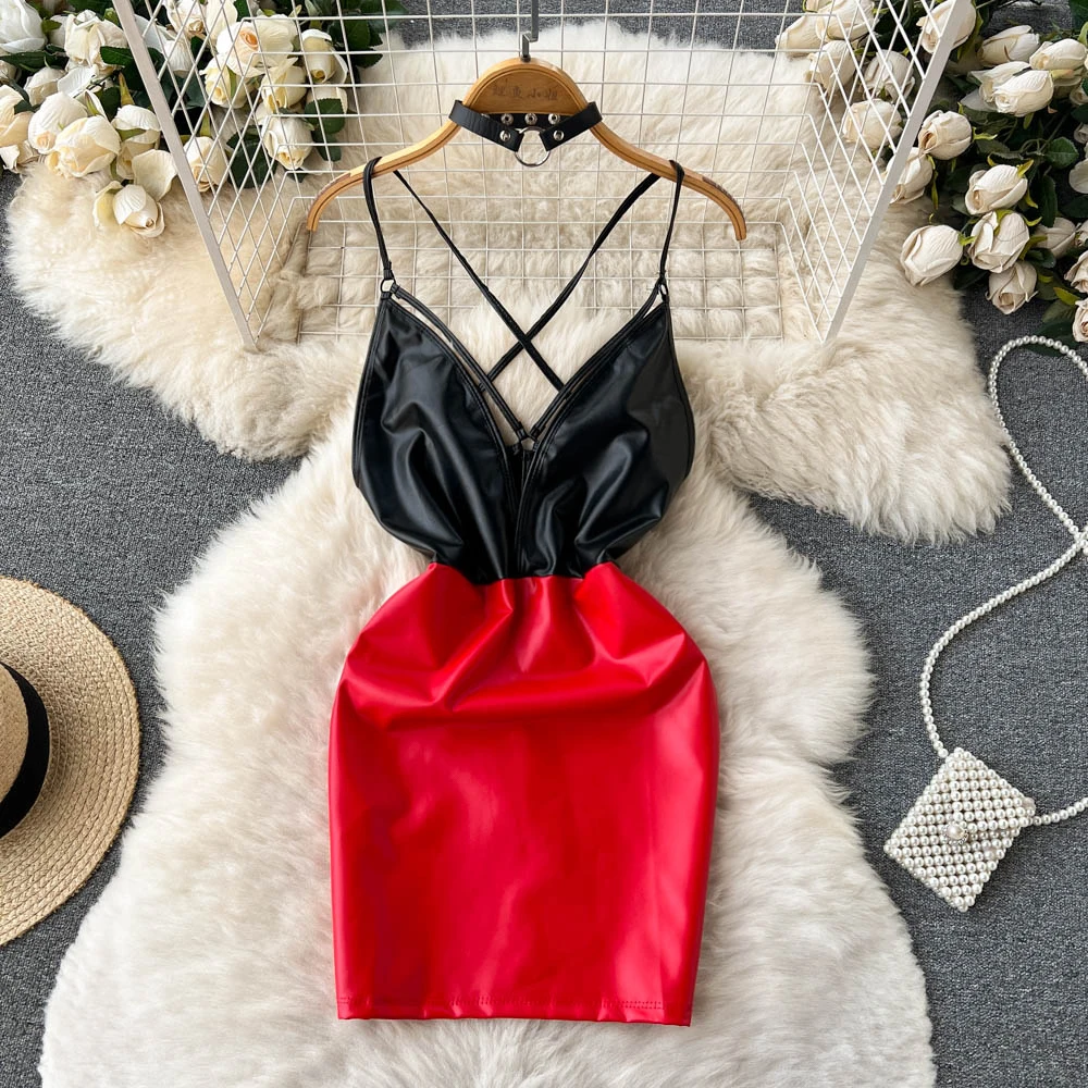 

New Hot Sexy Goddess PU Leather Tight Bag Hip Low-cut Color Hit Dress Female Sling Bag Hip Skirt