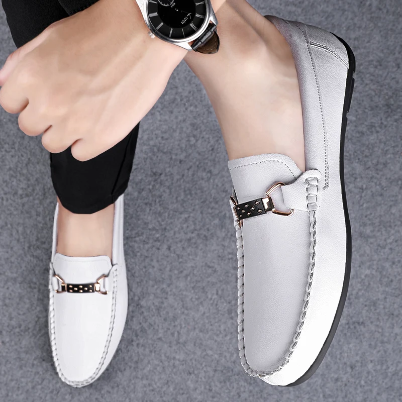 

2022 Spring Summer Men's Dress Shoes White Genuine Loafers Leather Casual Shoes Slip on Moccasin Shoes Fashion Design Men Shoes