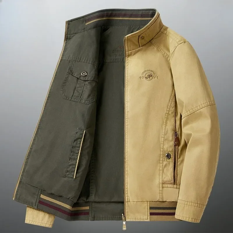 Middle-Aged Men Large Size 8xl Casual Outwear Fashion Stand Neck Coat New Spring Autumn Male Pure Cotton Reversible Jacket 2