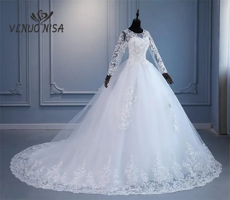 VLNUO NISA Train Wedding Dress 2024 New Style Bride Plus Size Flower Muslin Wedding Dresses Dreamy Full-sleeve Bridal Lace Up