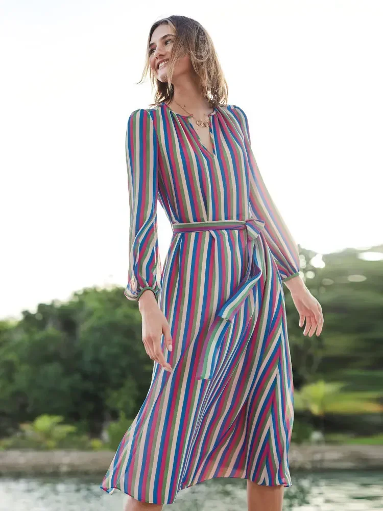 

Elegant Colorful Striped V Neck Lantern Sleeve High Waist Sashes Midi Dress Boho Long Sleeve Belted Dress Summer Sundresses Q545