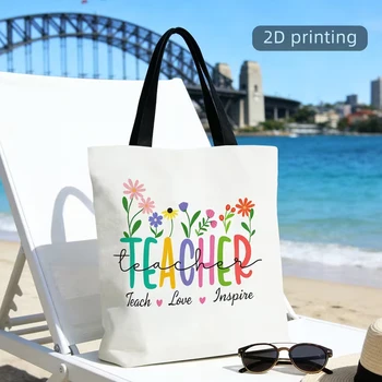 Borsa tote estetica, borsa quotidiana da donna resistente e riutilizzabile, borsa per le sposeggiate, 1 pezzo, a tema insegnante, che trasmette educazione, cura e motivazione, motivo floreale, borsa tote/borsa per la spesa, stampa piatta 2D, dimensioni: 15,75X 13,78 pollici, borsa estiva da spiaggia, borsa da mare