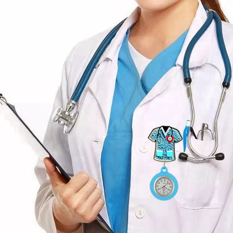 Sliding Shiny Stars Plastic Retractable Hospital Medical Icons Heart Nurse Doctor FOB Pocket Watches Clip Hang Medicine Clock pocket watch