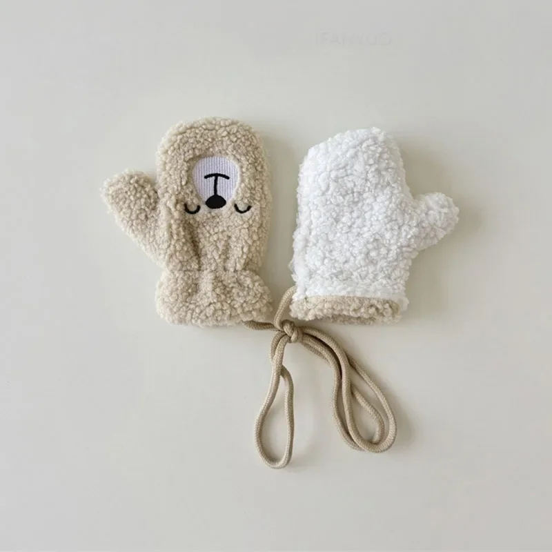 Children Lamb Wool Neck Hanging Gloves Mittens Kids Accessories 2-6 Years