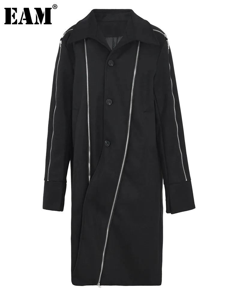 

[EAM] Black Zipper Irregular Big Size Long Woolen Coat New Lapel Long Sleeve Women Jacket Fashion Autumn Winter 2024 CPG1046