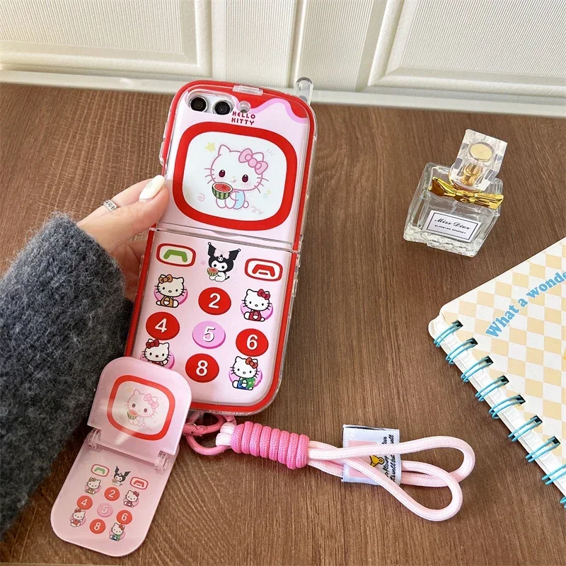 랜야드 브래킷이 달린 귀여운 헬로 키티 전화 케이스, 삼성 갤럭시 Z 플립 3 4 5 5G PC 하드 백 커버, Y2k 소녀