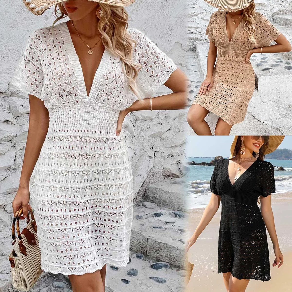 

2024 New Deep V-neck Beach Skirt Ripple Hollow Beach Skirt Beach Dress