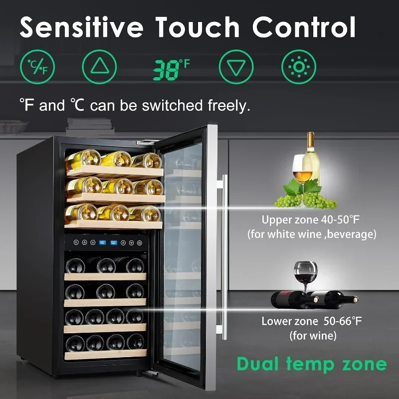 Phiestina Wine Cooler Refrigerator 16 inch Wine Refrigerator 33 Bottles Dual Zones Mini Fridge Auto Defrost Temperature
