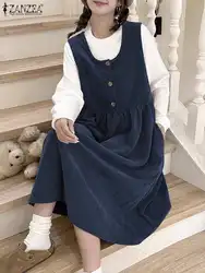Women Corduroy Dress 2024 Autumn Solid Sleeveless Midi Dresses ZANZEA Casual Buttons Long Sundress Fashion Pleating Loose Robes