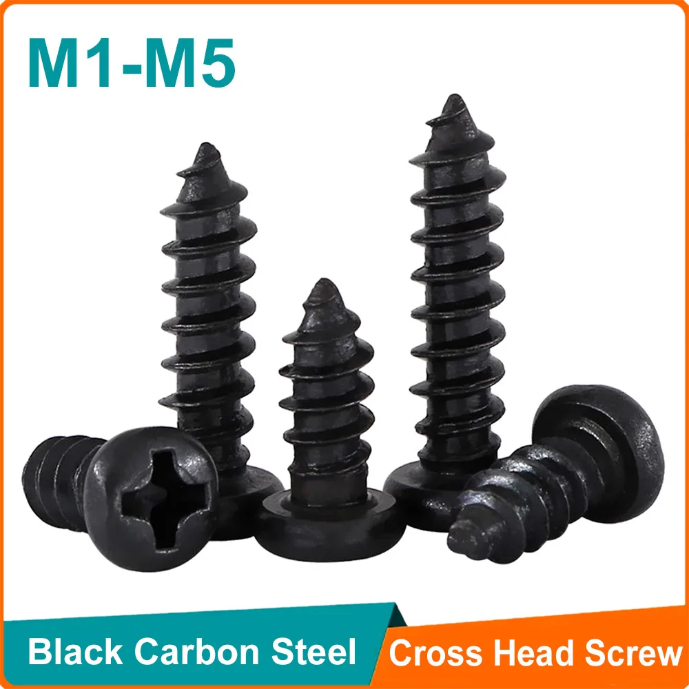 

100pcs Black Carbon Steel M1 M1.2 M1.4 M1.5 M1.7 M2 M2.3 M2.6 M3 M3.5 M4 M5 Cross Round Head Phillips Self-tapping Screw