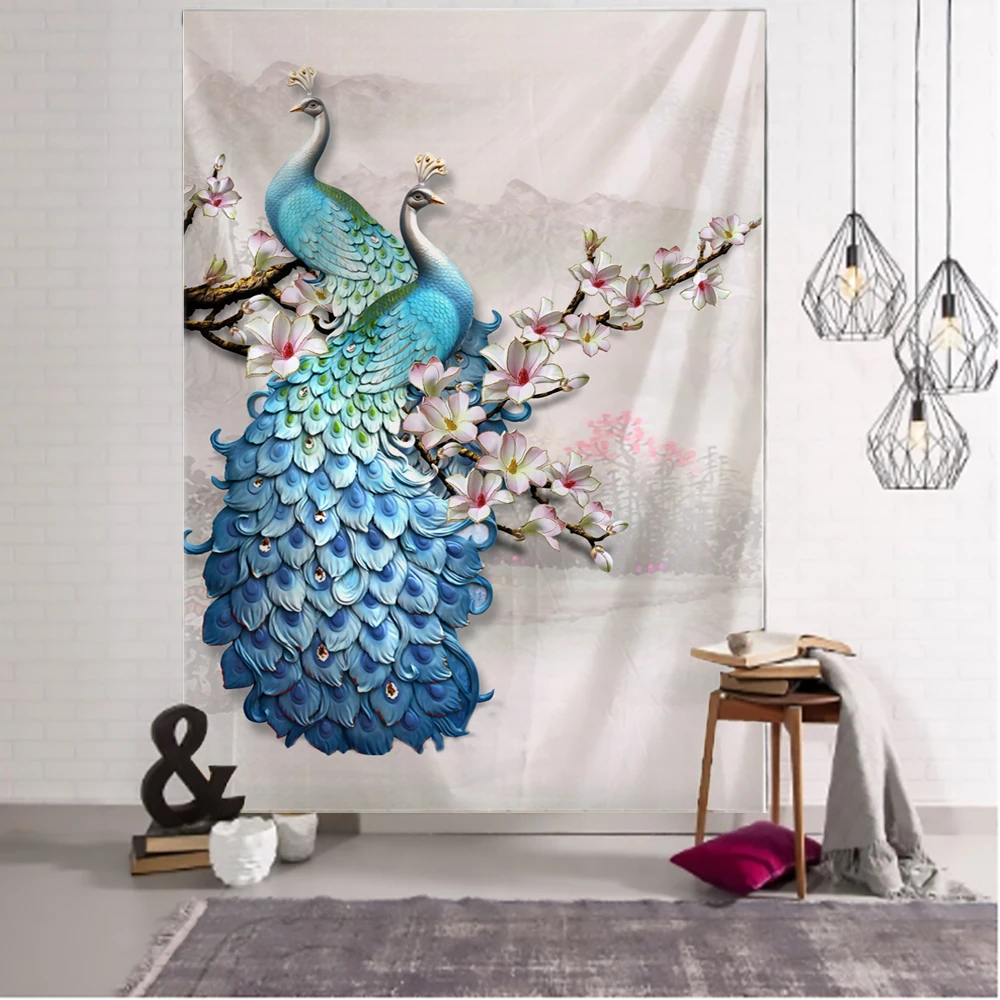 Blue Peacock Mural Tapestry Wall Hanging Bohemian Psychedelic ...