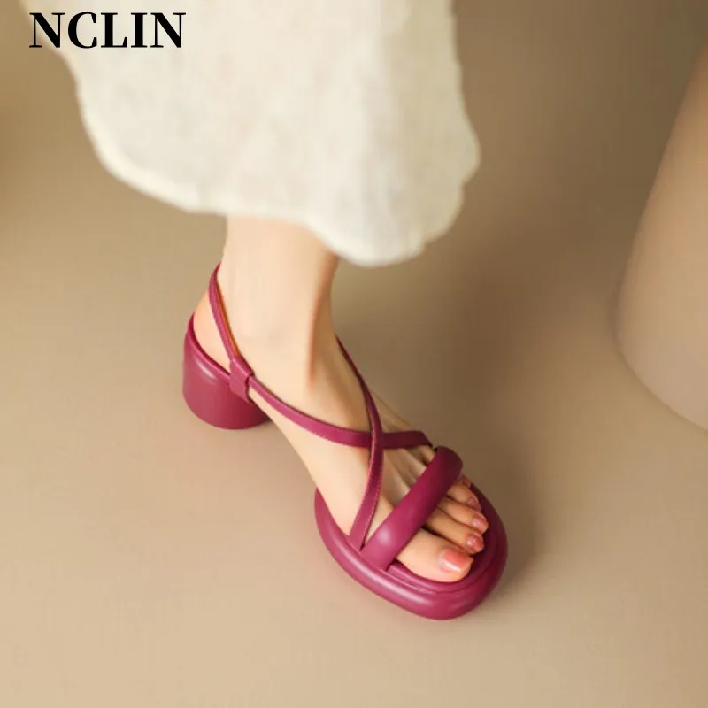 

Summer Women Genuine Leather Sandals Shoes Round Toe Chunky Heel Buckle Strap Sandals For Women Platform Sandals Zapatos Mujer