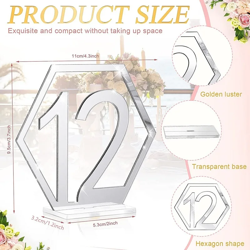 Numbers 1-40 Seats Card Acrylic Mirror Gold Silver Hexagon Hollow Bar Cafe Wedding Table Card Banquet Display