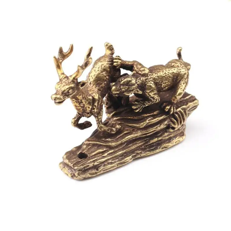 Pure Copper Tiger King Catching Deer Statue Small Ornament Antique Bronze Animal Miniature Figurines Home Desk Decorations Craft