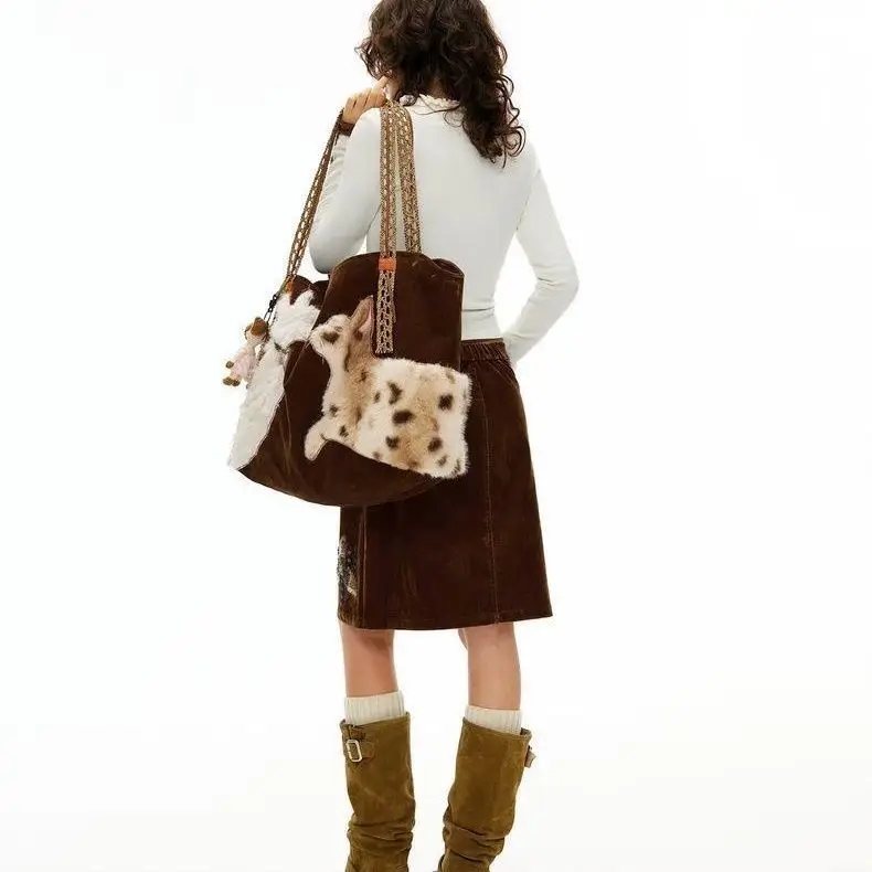 Cute Retro Puppy Tote Bag Women Leather Texture plush Large Capacity Shoulder Bag Ladies Fashion Casual Versatile Crossbody Bags