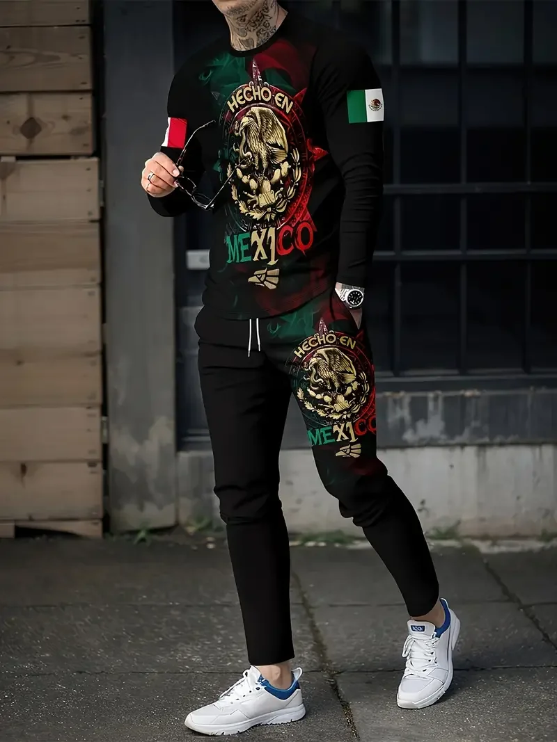Fashion Mexican Flag 3D Print Men's Sportswear Set Casual Long-Sleeved T Shirt Pants 2-Piece Set Oversized Pullover Men Clothing 4