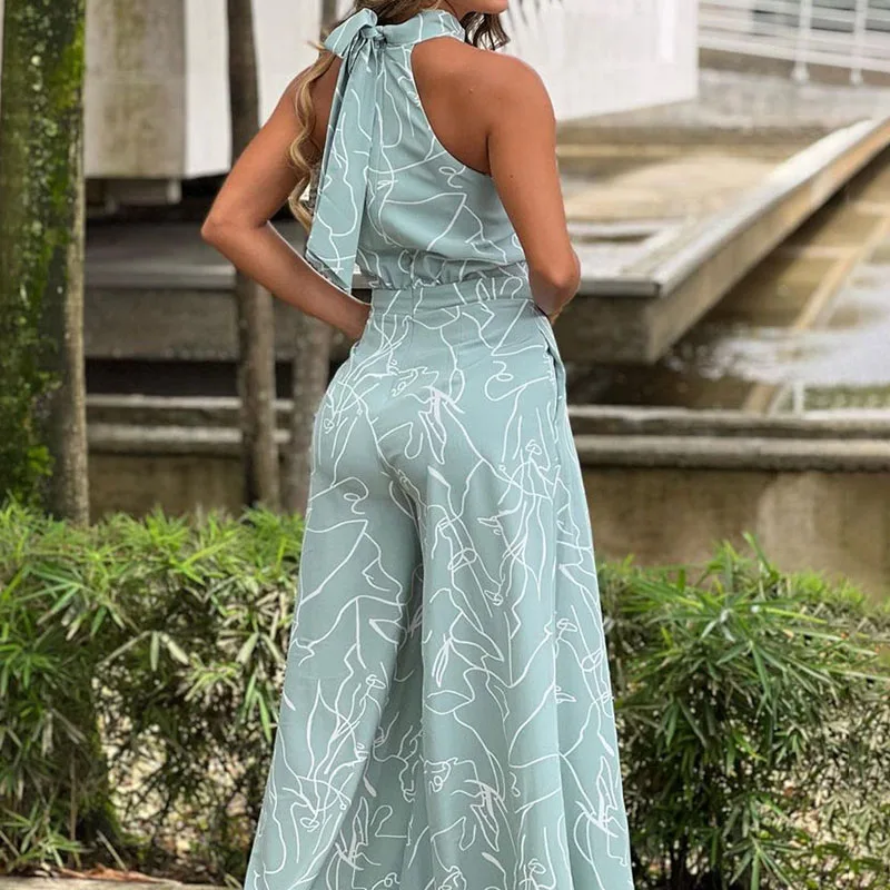 Women Autumn Jumpsuit Summer Halterneck Sleeveless Vintage Printed Streetwear Bodycon Office Lady Elegant Wide Leg Pants Romper