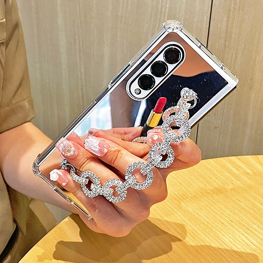 Fashion Diamond Makeup Mirror Strass Five Ring Chain Phone Case Per Samsung Galaxy Z Fold 4 Z Fold 3 Cover Posteriore Antiurto