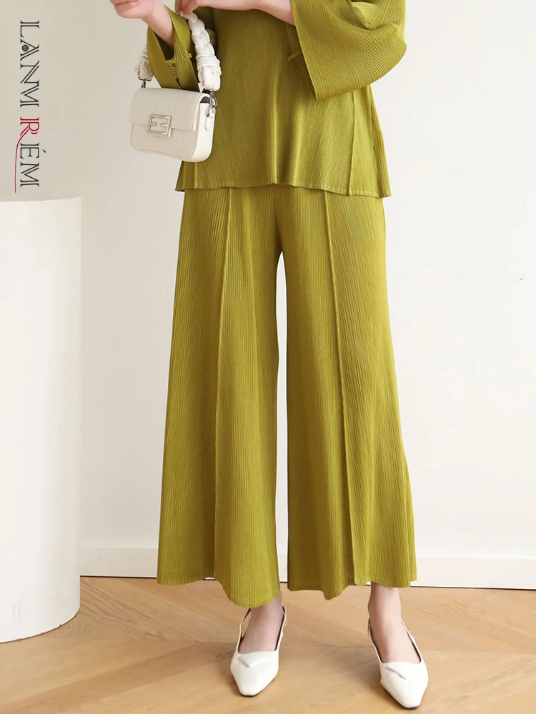

LANMREM Straight Pleated Pants High End Elastic Waist Solid Color Ladies Casual Fashion Wide Leg Trousers Women Clothing 2DA1129