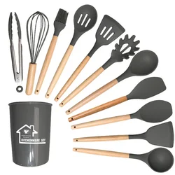 12-Piece Silicone Non-Stick Kitchen Utensil Set with Wooden Handles (Black 12Pcs)