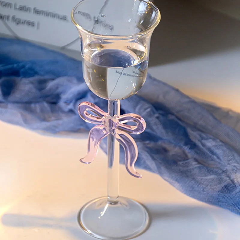 Glass Drinkware 1 Piece Elegant Pink Bowknot Red Wine Glass Goblet Champagne Flute Creative Celebrity Sparking Wine Glass Cup