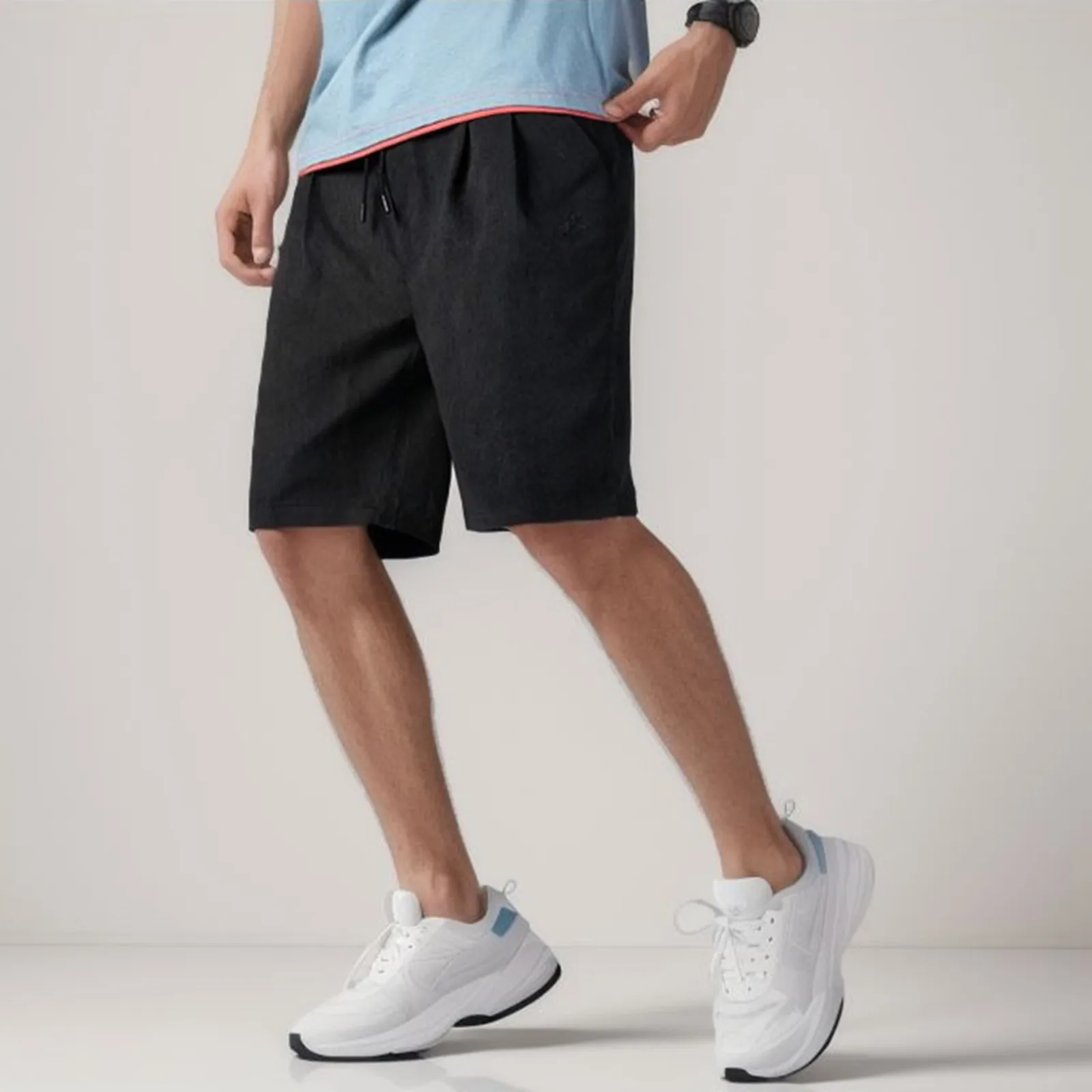 

Mens Summer Nylon Shorts Stylish Drawstring Double Pocket Fold Design Trunks Casual Solid Color Breeches Knee Sports Trunks