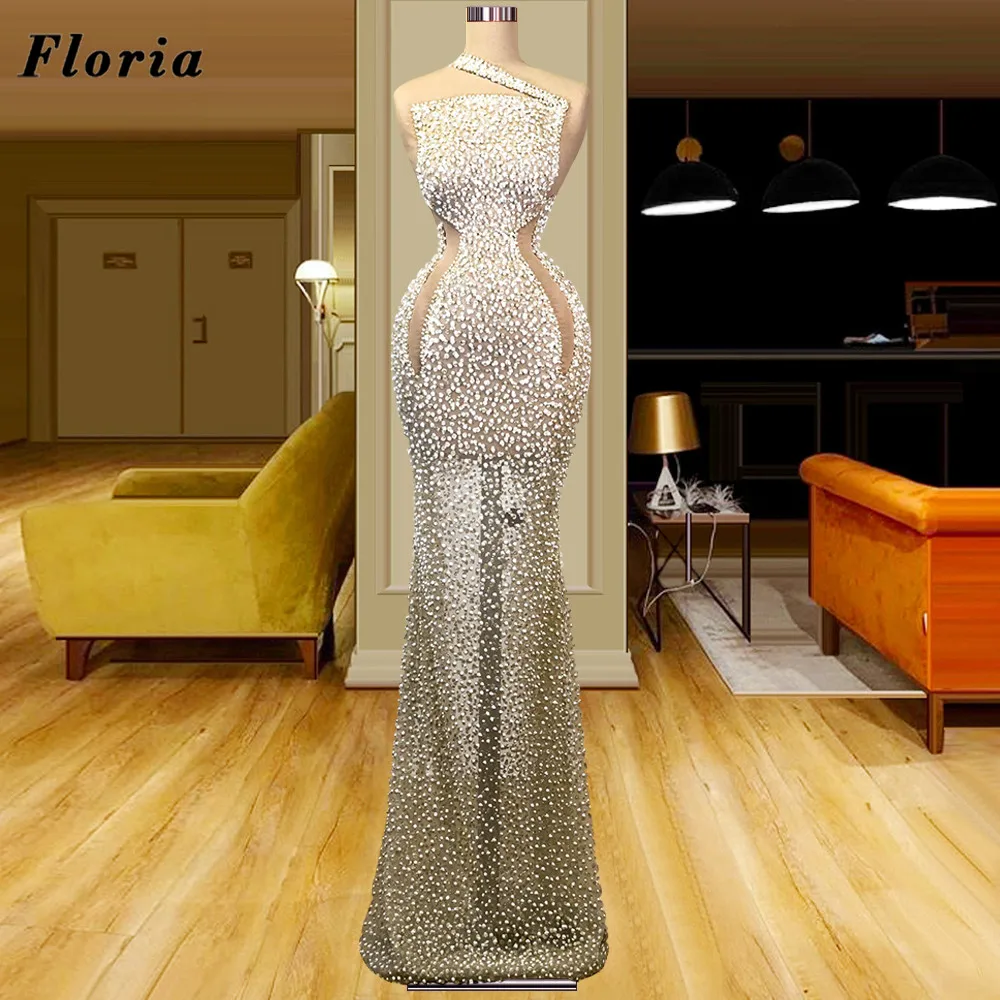 

Floria Pearls Beaded Evening Dresses Robes Plus Size Mermaid Evening Party Dresses 2022 Dubai Arabic Illusion Women Prom Dress