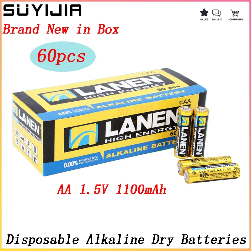 

Disposable 1.5V AA 1100mAh 60pcs in A Box Alkaline Dry Batteries for Electric Toothbrushes Wireless Mice Smart Fingerprint Locks