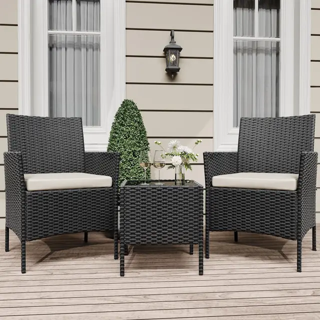 3-Piece Wicker Patio Sofa Set, All-Weather Rattan Conversation Set With Cushions & Glass Coffee Table For Garden, Porch, Lawn