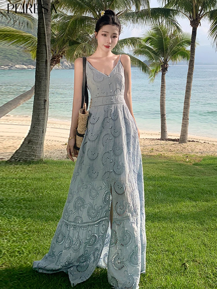 

PEIRESA Embroidery Hollow Out Spaghetti Strap Vacation Dress Women New Fashion V Neck Sleeveless Slim Waist Split Long Dresses