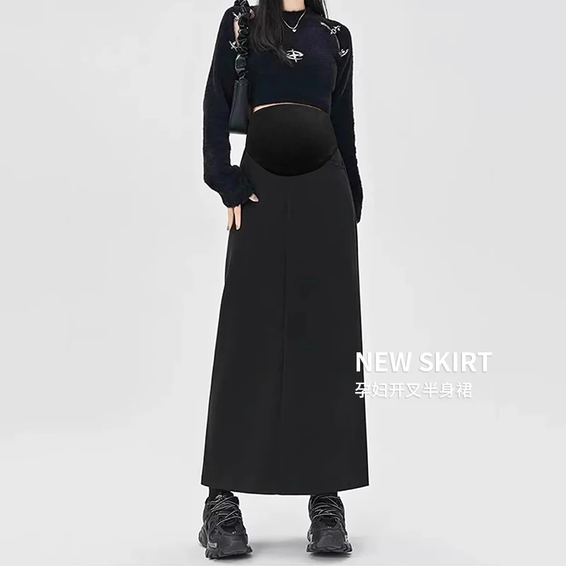 Spring Maternity Suit Skirt Back Split Ankle-length Pregnant Woman Straight Skirts with Pockets Black Pregnancy Long Skirt