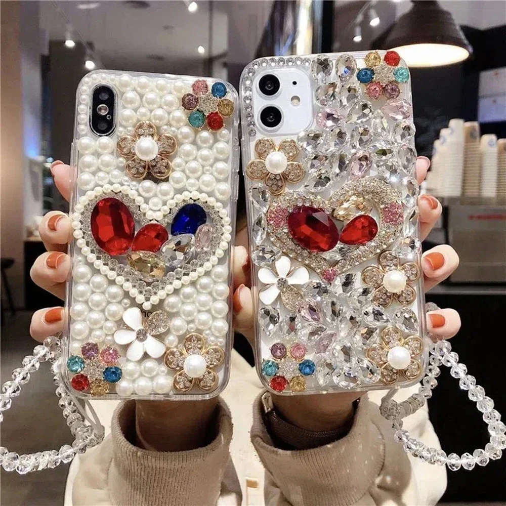 Rhinestone Love BeadsHand Chain Phone Case for Huawei P50 P60 Pro Mate 50 60 Honors 80 90 100 Pro