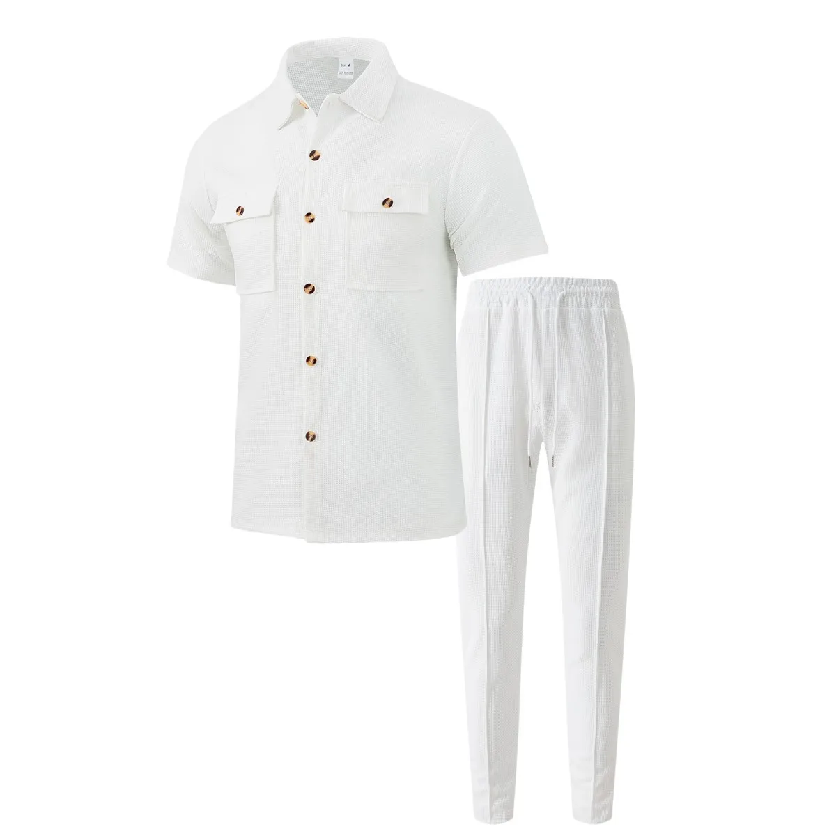 2025 New Solid Color Button Pocket Shirt with Short Sleeve Trousers Waffle Check Two-Piece Outdoor Travel Set white 2