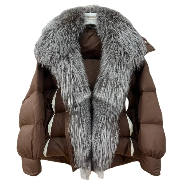 Fashion Big Fur Collar Thick Short Fur Coat Female 2023 Winter New Placket Fox Fur Stitching White Goose Down Down Jacket Women