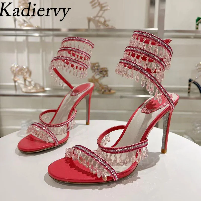 Sexy High Heels Sandals Woman Crystal Pendant Snake Twine Around Twine Ankle Strap Party Shoes Summer Gladiator Sandals Women