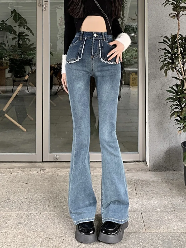 

Винтажные женские джинсы с высокой талией, модные повседневные облегающие брюки-клеш в Корейском стиле Y2K, женские джинсовые брюки, осень 2023