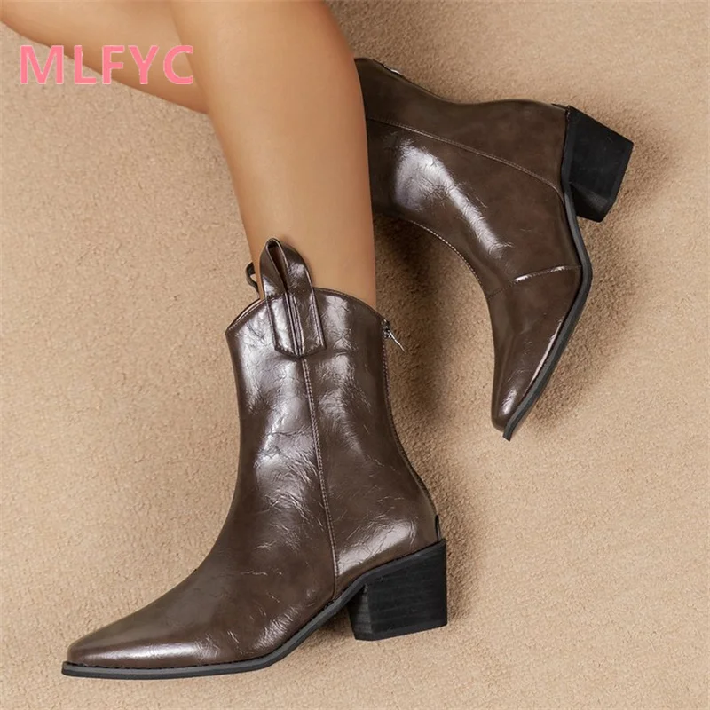 New Winter European American Pointed Retro Coarse Heel Boots Feminine Style Simple Large Short Boots Cowboy Boots for Women