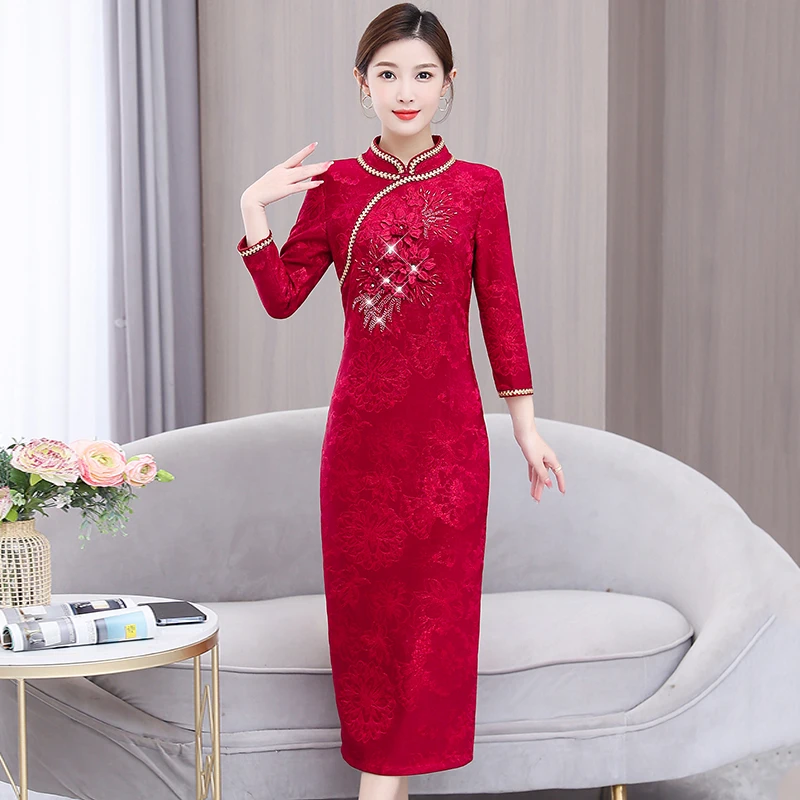 

2023 New Fashion Qipao Dress Women's Autumn Wedding Party Long Sleeve Standing Neck Loose Fit Casual Party Dress Vestidos