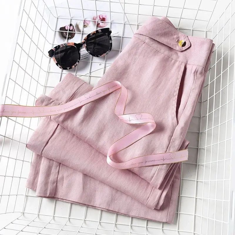 Pantaloni Casual In Lino Da Donna, Pantaloni Larghi A Gamba Larga Da Donna Colore Puro Bianco Rosa A Vita Alta Drappeggiati Pantaloni Neri In Cotone E