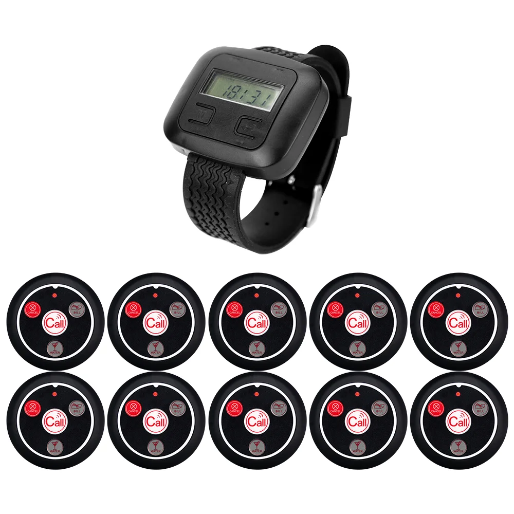 

CTW02 1 Pcs Watch Receiver 10 Pcs CTT13 Table Button Restaurant Pager Waiter Wireless Calling System for Plant Hospital Bar Cafe