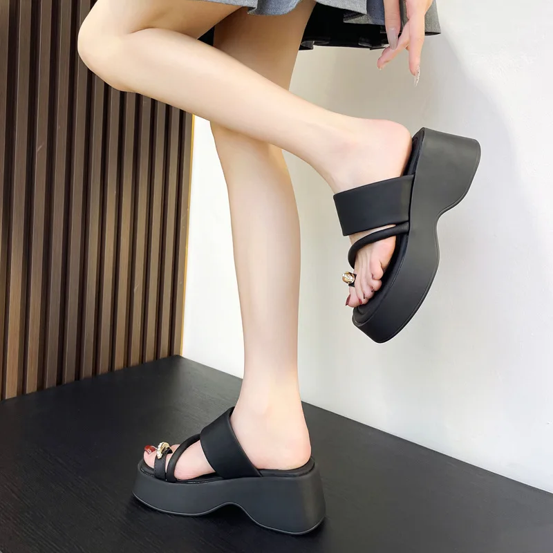CICIYANG 7cm Platform Slippers Women Summer 2024 New Wedge Sandals Ladies Beach Flip-flops High-heels Open-toed Shoes Handmade