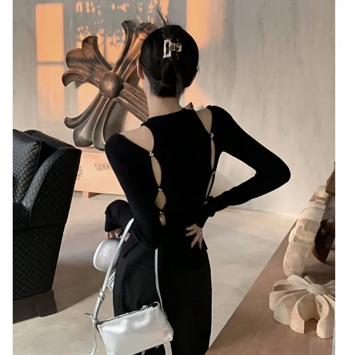 

Женский Асимметричный ажурный свитер, черный облегающий джемпер с круглым вырезом и длинным рукавом, Женский шикарный пуловер, вязаный Топ, Осень-зима