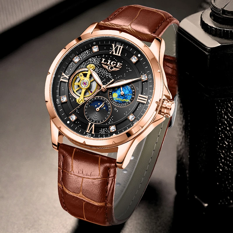 LIGE New Men Watch Fashion Brown Leather Automatic Mechanical Wrist Watches For Men Waterproof Luminous Watch Men Montre Homme