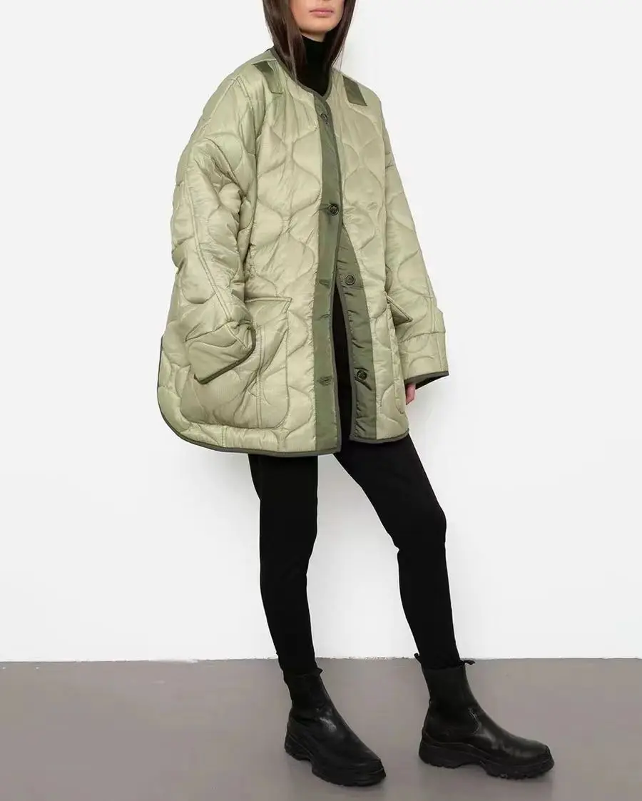 

2022 Autumn Winter Silhouette Diamond-shaped Quilted Parka Coat for Women Curved Hem Single-Breasted Suit Jacket Tops